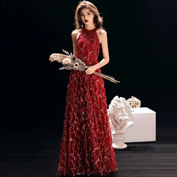 

A-Line Formal Dress Skyyue K373 Sleeveless Plus Size Tassel Robe De Soiree Floor-Length Sequined Special Occasion Dresses