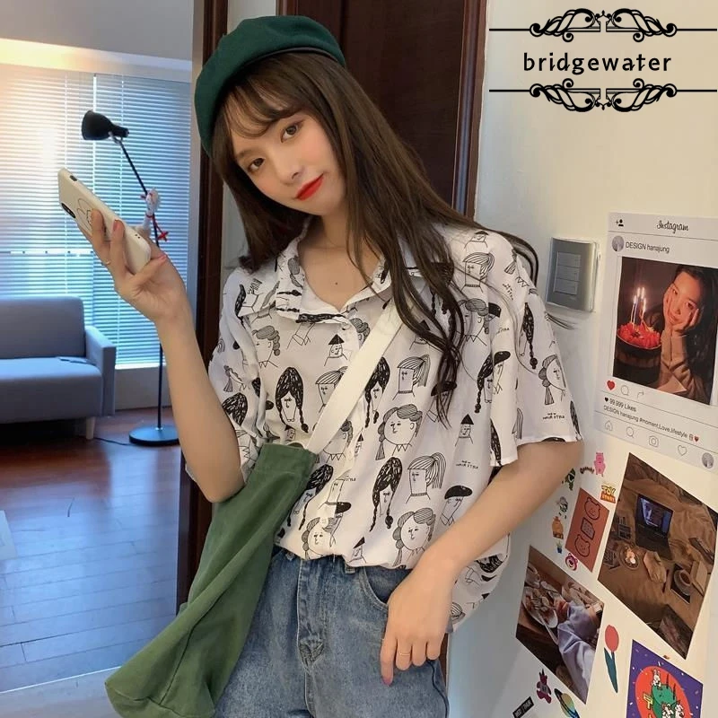 

Summer new style Korean loose short-sleeved shirt women students all-match retro printed shirt lapel fashion casual shirt