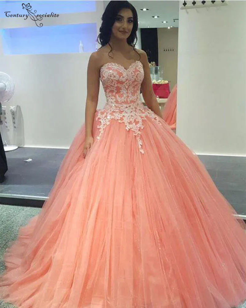 Бальное платье бальное платье без бретелек Quinceanera Коралл Тюль Свадебные платья цвета слоновой кости аппликации сладкий 16 платье День