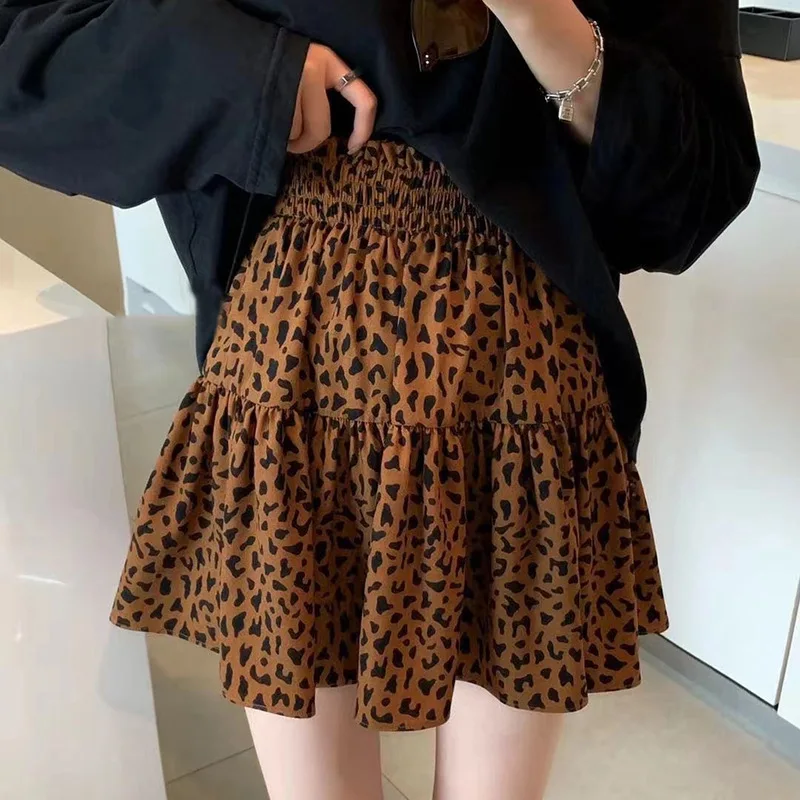 

2021 Autumn New Leopard Print Skirt High Waist A-line Skirt Design Sense Girl's Waist Waist and Thin Puffy Short Skirt