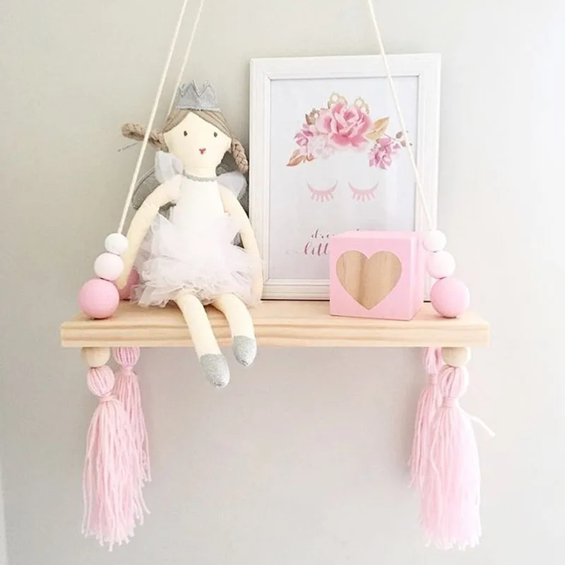 Bedroom Wall Hanging Ornaments Tassel Beads Pendant Wooden Board Storage Shelf Rack Photo Props Kid Room Home Decoration | Дом и сад