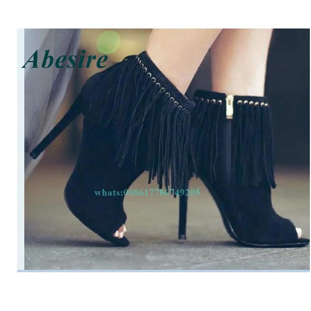 

Open Toe Suede Leather Red Tassels Gladiator Boots New Design Women Fashion Cut-out Super High Heel Ankle Boots