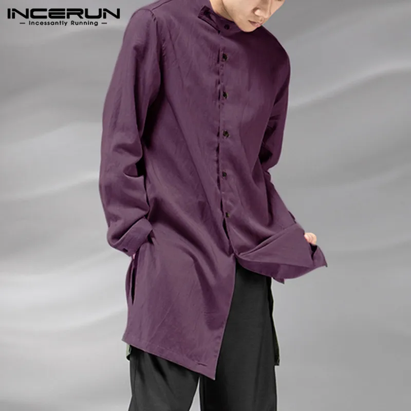 

INCERUN Autumn Fashion Men Solid Color Long Sleeve Casual Muslim Kaftan Long Shirt Joker Retro Cotton Button Mens Blouse 2020