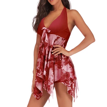 

Summer Women Fashion Printed Bikini Tankini Set Halter Asymmetric Hem Swimdresses Padded Beachwears Push Up Plus Size Bikini