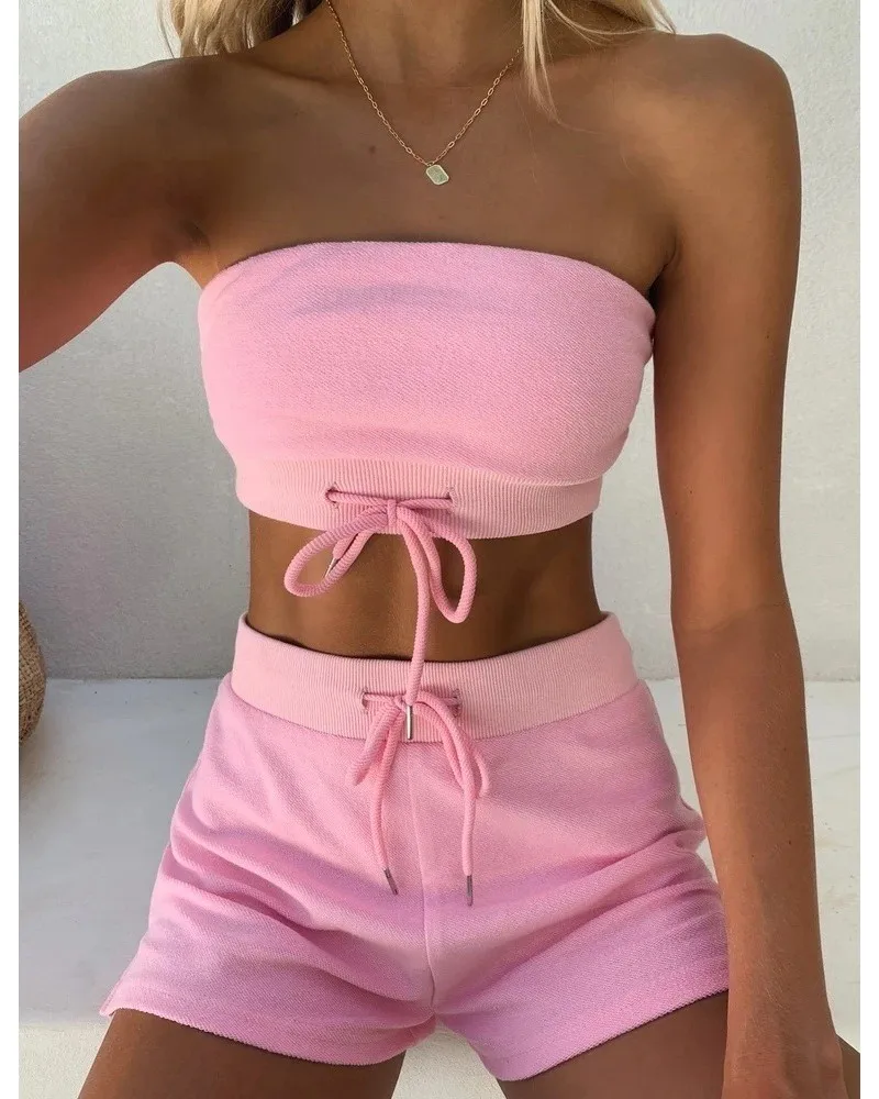 

Pink Two Piece Set Strapless Top and Short 2 Piece Set Yellow Green Sexy Outfit Two Piece Short Set for Women Two Piece Outfits