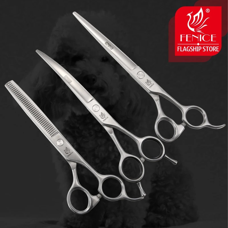 

Fenice Professional Dog Grooming Scissors Kit Cutting Curved Thinning Shear 9CR Satinless Steel Scissors Set