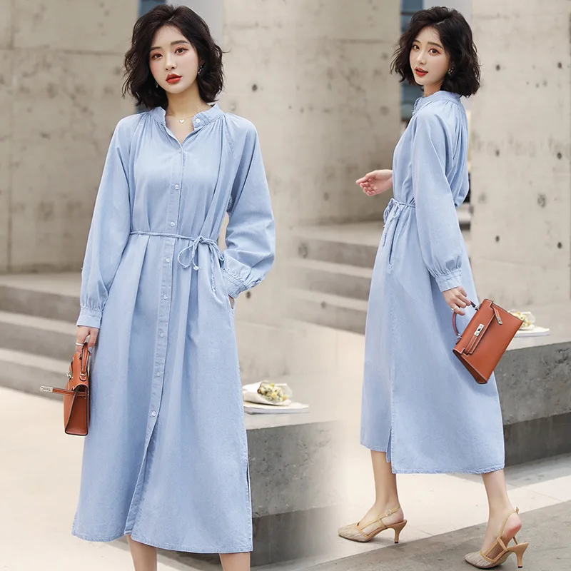 

2019 Spring New Style Korean-style Loose Casual Students Shirt Dress WOMEN'S Dress Mid-length Slimming Denim Skirt