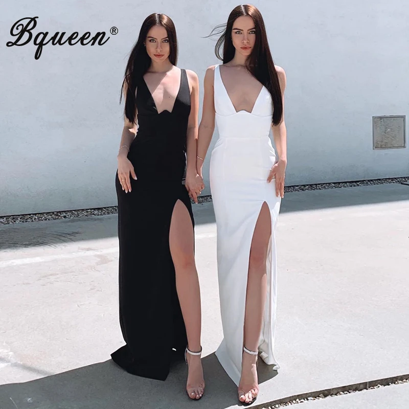 

Bqueen 2019 New Women V-Neck Sleeveless Backless High Slit Long Floor Length Wedding Evening Party Bandage Dresses