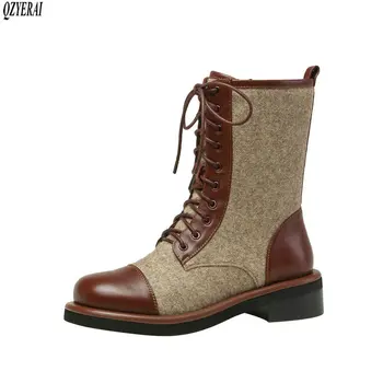 

QZYERAI black brown Martin boots Genuine leather Female boots Women's boots lace-up Women's shoes Size 34-39
