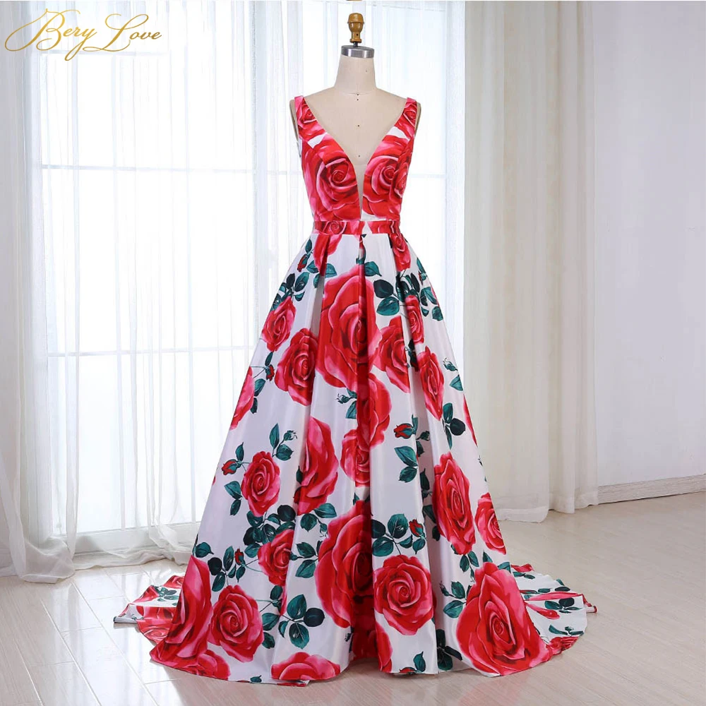 

Red Floral Evening Dress 2020 Pattern Long V Neck Colorful Prom Dress Formal Party Gown Abendkleider 2020 Vestido robe de soiree