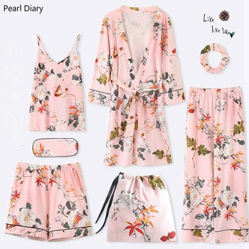 

7 Pieces Pajama Set Autumn Winter Cotton Elegant Women Pajamas Full Shorts Soft Nightwear Printing Sexy Robe Sleepwear pjs