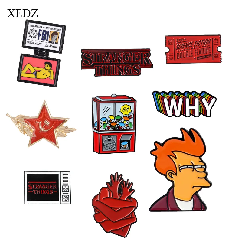 

XEDZ New doll machine yellow hair boy red heart strange danger English word brooch badge collection fashion denim clothing backp