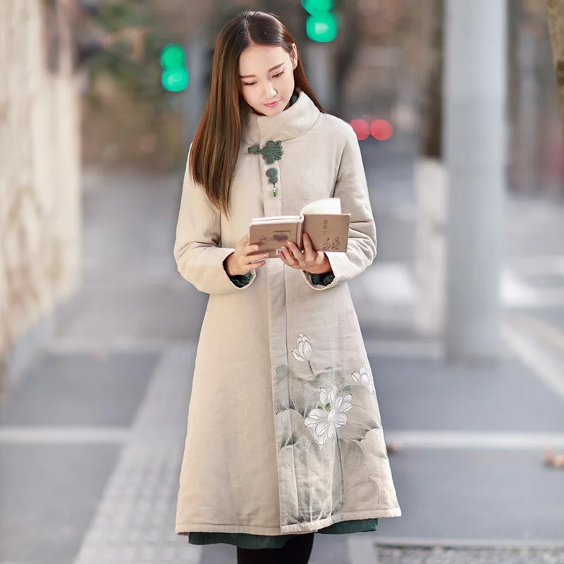 

2019 Autumn And Winter Chinese-style Origional WOMEN'S Dress Hand-Painted Ethnic-Style Mid-length Cotton-padded Clothes Artistic
