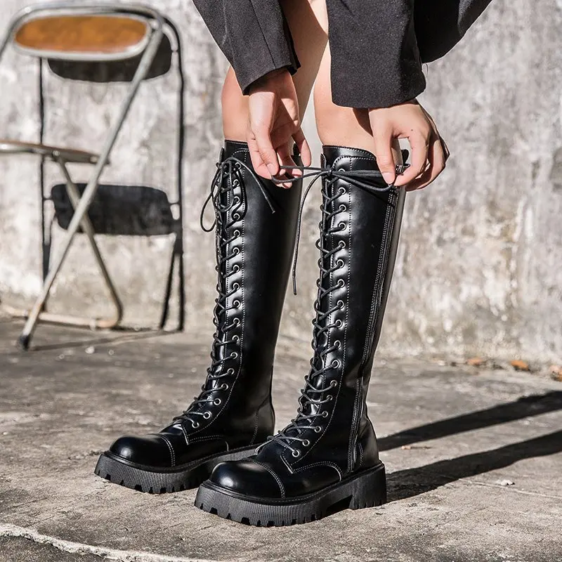 女性戦闘ブーツantumn 2021女性高プラットフォームゴシック靴黒革のブーツは女性のニーハイブーツAC212 - AliExpress 靴