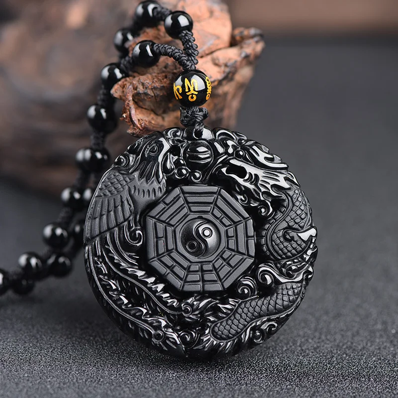 

Black Obsidian Carving Dragon And Phoenix Pendant Yin Yang Lucky Amulet Necklace For Men WomenFine Jewelry