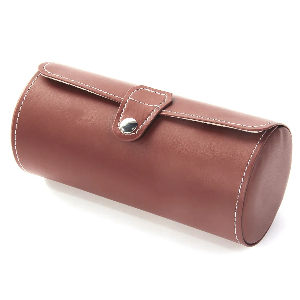 

3 Grids Brown Black Color Cylinder Shape Leather Watches Display Case Boxes Jewelry Storage Portable Watch Box Case Easy Take
