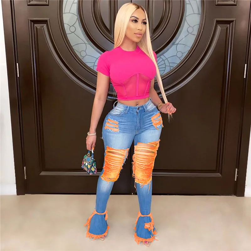 2020 Sexy Women Korean Slim Fit Jeans Color Contrast Patchwork Tassels Ripped High-waist Ruffles Denim Jeans Holes Flare Pants