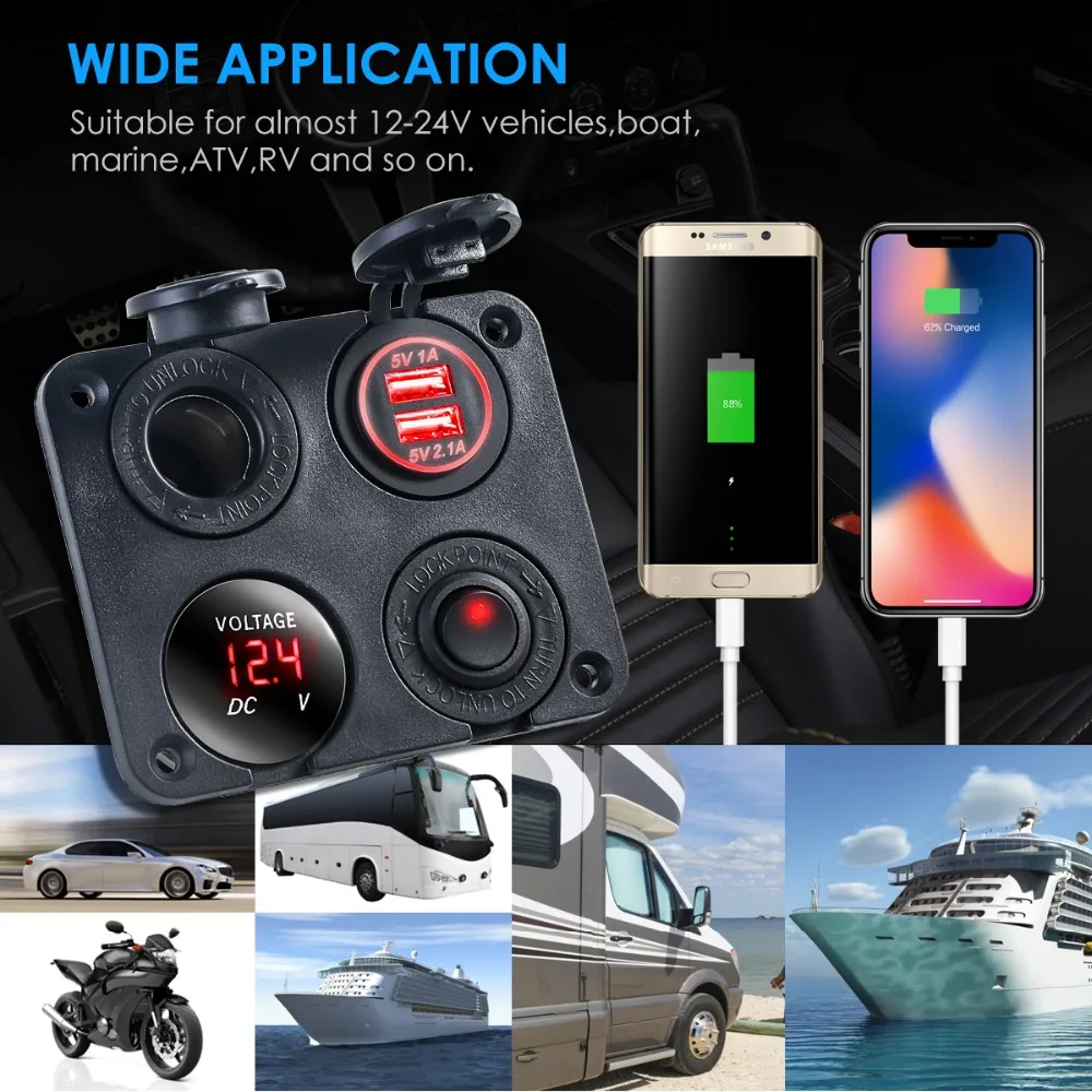 Car Charger 4 In 1 Dual USB Car Cigarette Lighter Socket Chargers Digital Display Switch Smart Charging Protection Charger