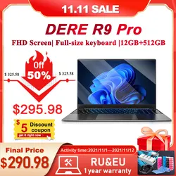 Dere – Pc Portable R9 Pro, écran de 15.6 pouces, Windows 10, 12 go de RAM, SSD de 512 go, processeur Intel Celeron N5095, Wi Fi double bande, 1920x1080 p 