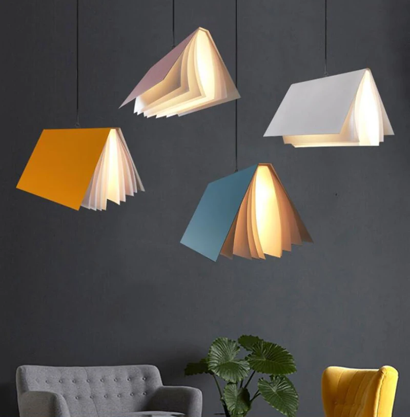 bamboo pendant light Modern Creative Book Modeling Chandelier Nordic Theme Restaurant Living Room Iron Lamp Kindergarten Library Bar  Lamp gold ceiling lights