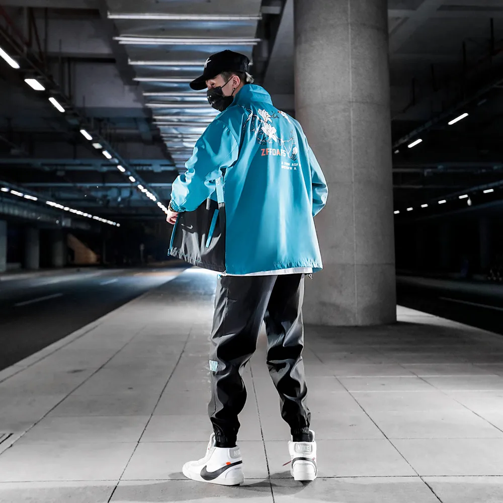 Спортивный костюм для мужчин, уличная одежда, хип-хоп костюмы Harajuku, повседневный цветочный принт, контрастный цвет, куртка и спортивные штаны, модные комплекты из двух предметов