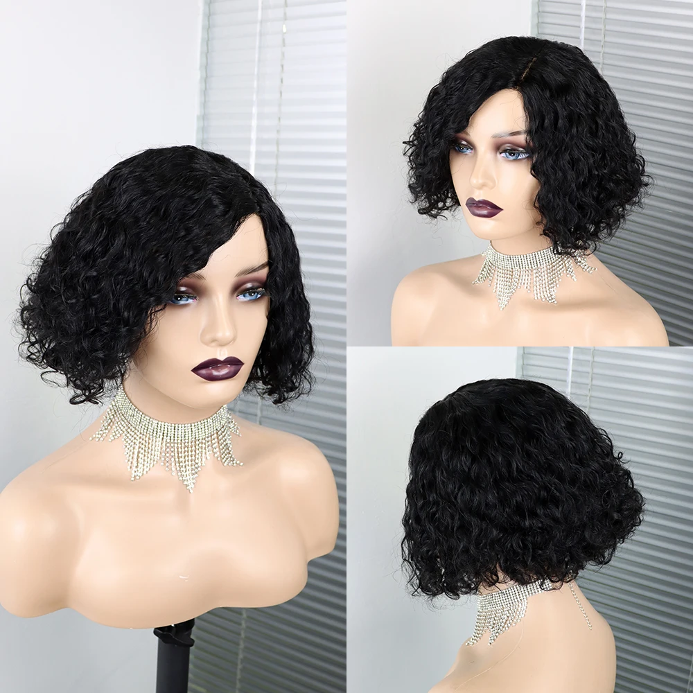 Corte de Cabelo Humano para as Mulheres Perucas Encaracoladas Curto Pixie Natural Preto Remy Cabelo 150% Densidade Glueless Barato Parte Lateral Humanas 7 Apliques e perucas