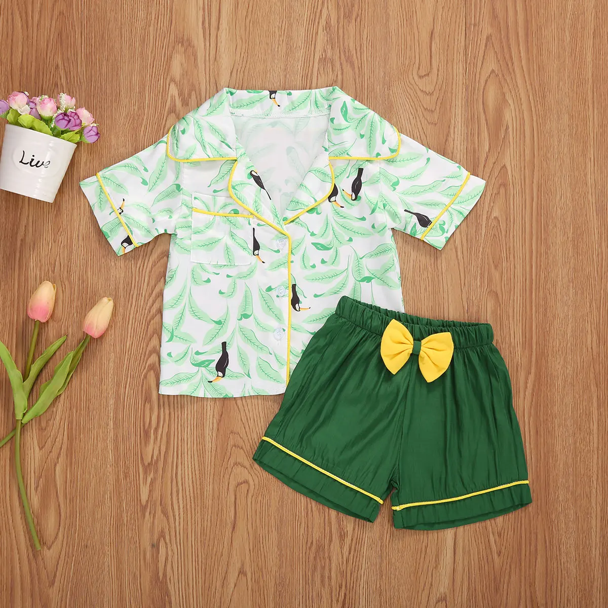 

Baby Hooded Nightgown/ Short Sleeve + Shorts Suit, Elastic Waist Bow Decoration Homewear