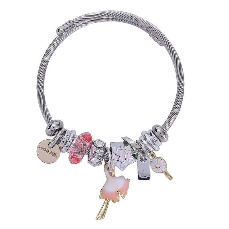 

Cute Enamel Flower Crystal Beads Charm Bangle for Women Stainless Steel Cable Charm Bracelet Bangle Girls DIY Jewelry Gift