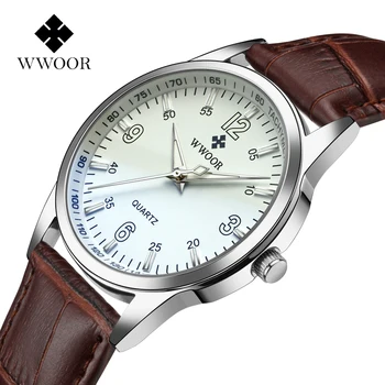 

WWOOR Fashion Casual Mens Watches Top Brand Luxury Quartz Wrist Watch Man Brown Leather Strap Special Price Clock Relojes Hombre
