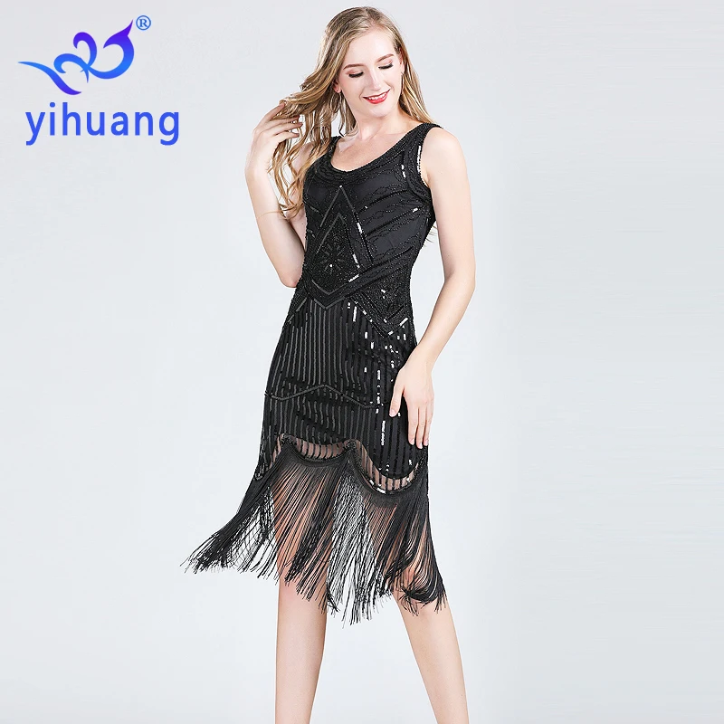 

Women's Vintage 1920s Dress Fringe Gatsby Sequin Beaded Tassels Hem Flapper Dress Party Wedding Cocktail Halloween Costumes