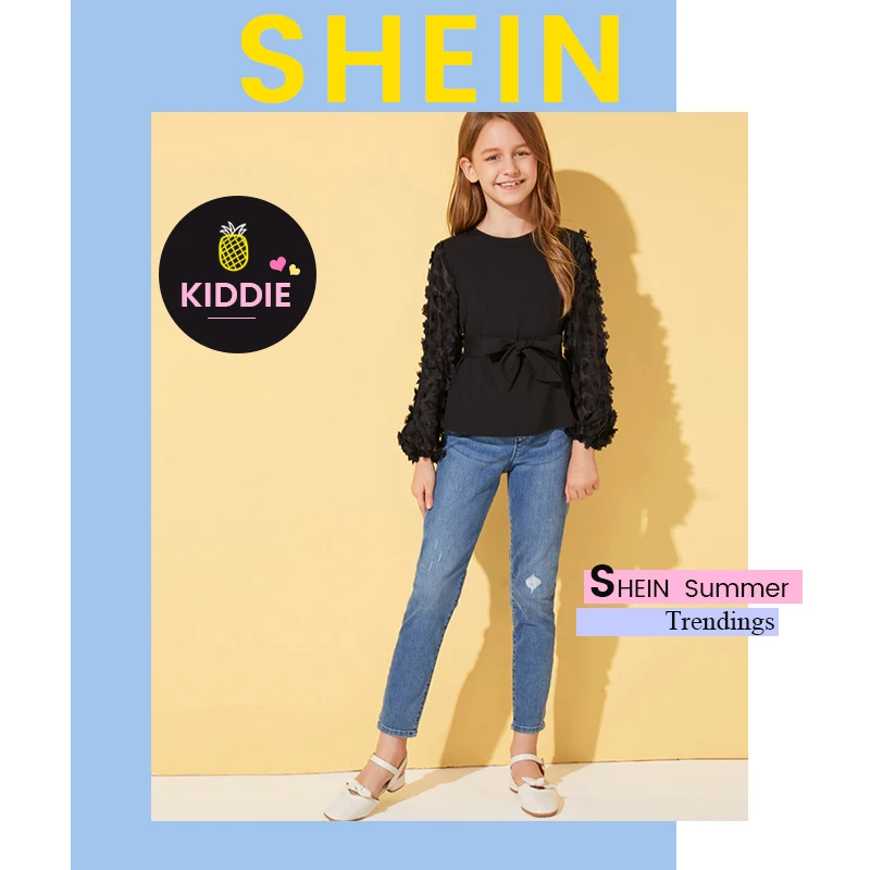SHEIN Kiddie/черная однотонная блузка с аппликацией в сеточку, с рукавом «Бишоп», с поясом, детские топы, коллекция года, Осенние милые блузки на пуговицах сзади