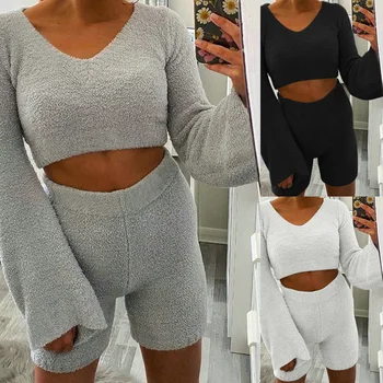

White Knitting Two Piece Set Plush Crop Tops + Short Autumn Clothing Set Sexy Sweater Solid Knitted Two Piece Set Outfits D30