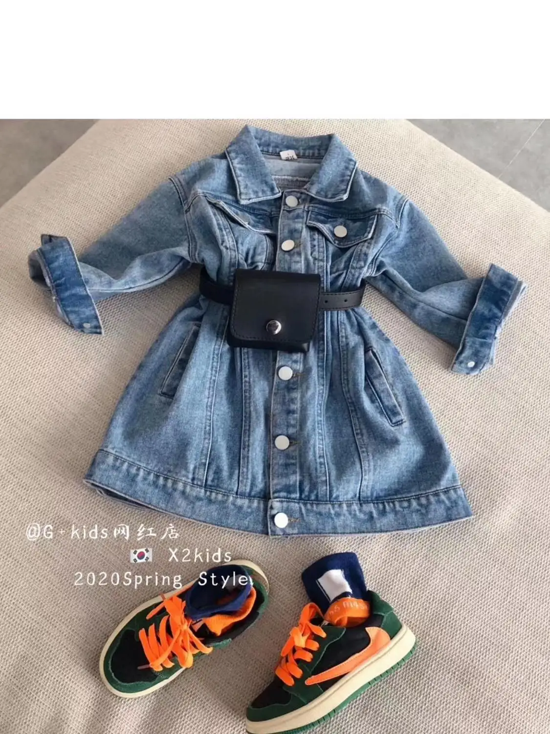 2020 spring new children's clothing girls single-breasted belt pocket lapel denim jacket