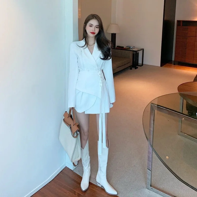 White Blazer Dress Women Solid Elegant Designer Korean Dress Female Office Lady Casual One-Piece Dress Fall Fad Women Clothing