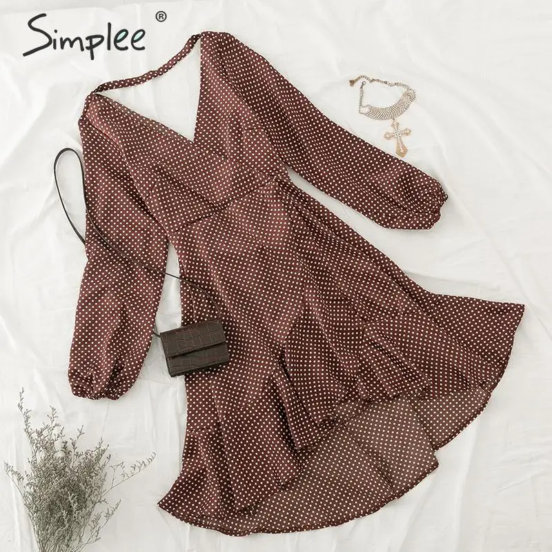 

Simplee Sexy v-neck autumn women dress Elegant polka dot lantern sleeve ruffle party dress Office style A-line ladies midi dress