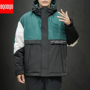 

Parkas Winter Jackets Men Thermal Military Silk-Like Cotton Japanese Loose Coat Patchwork Thick Hooded Hip Hop Streetwear Jacket