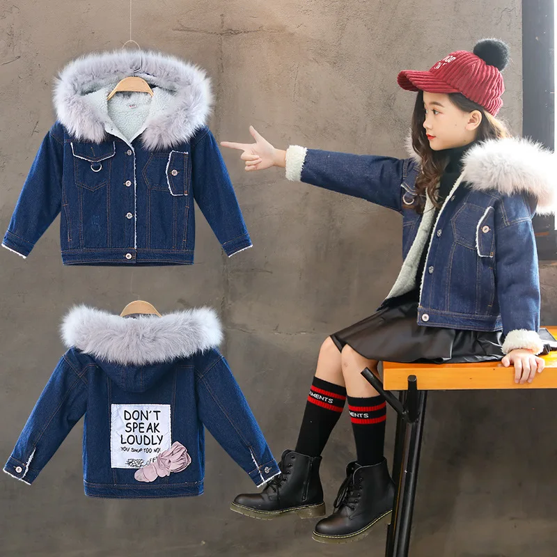

Childrenswear 2018 Autumn Winter Style Girls Thick Large Fur Collar Jeans Coat Big Boy Sequin Rabbit Little Girl Tops