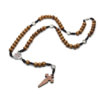 

QIGO Wood Beads Strand Necklace Shell Cross Rosary Necklace Choker For Men Women Religious Jewelry