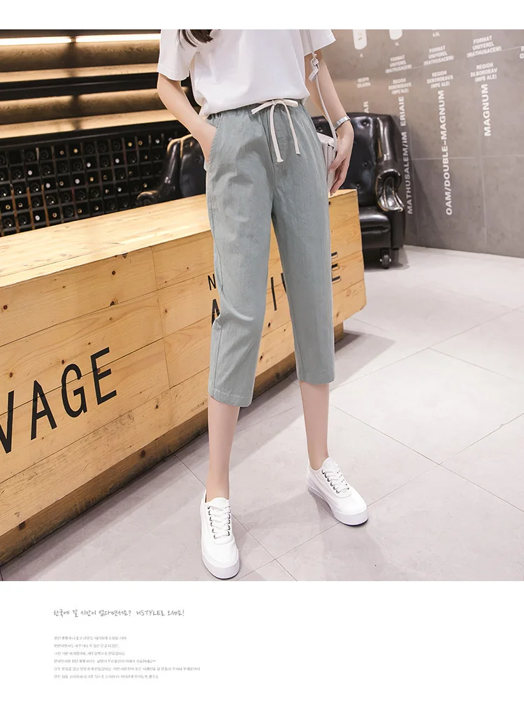 Summer Capri Pants Women Elastic Waist 