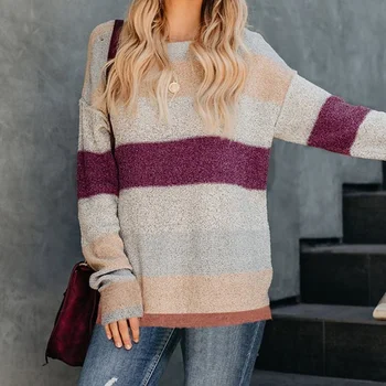 

Vicabo Autumn Spring Women Fashion Contrast Colour Knitted Sweater O-Neck Casual Pullovers Ladies Long Sleeve Loose Sweaters