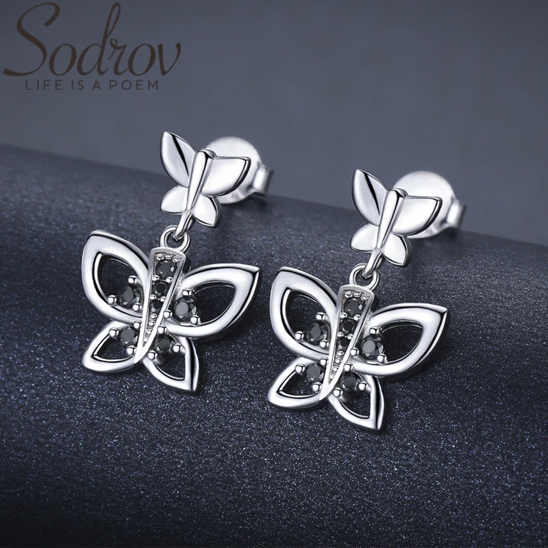 

SODROV Cute Natural Butterfly 925 Sterling Silver Jewelry Drop Earrings for Women Boucle D'oreille II117