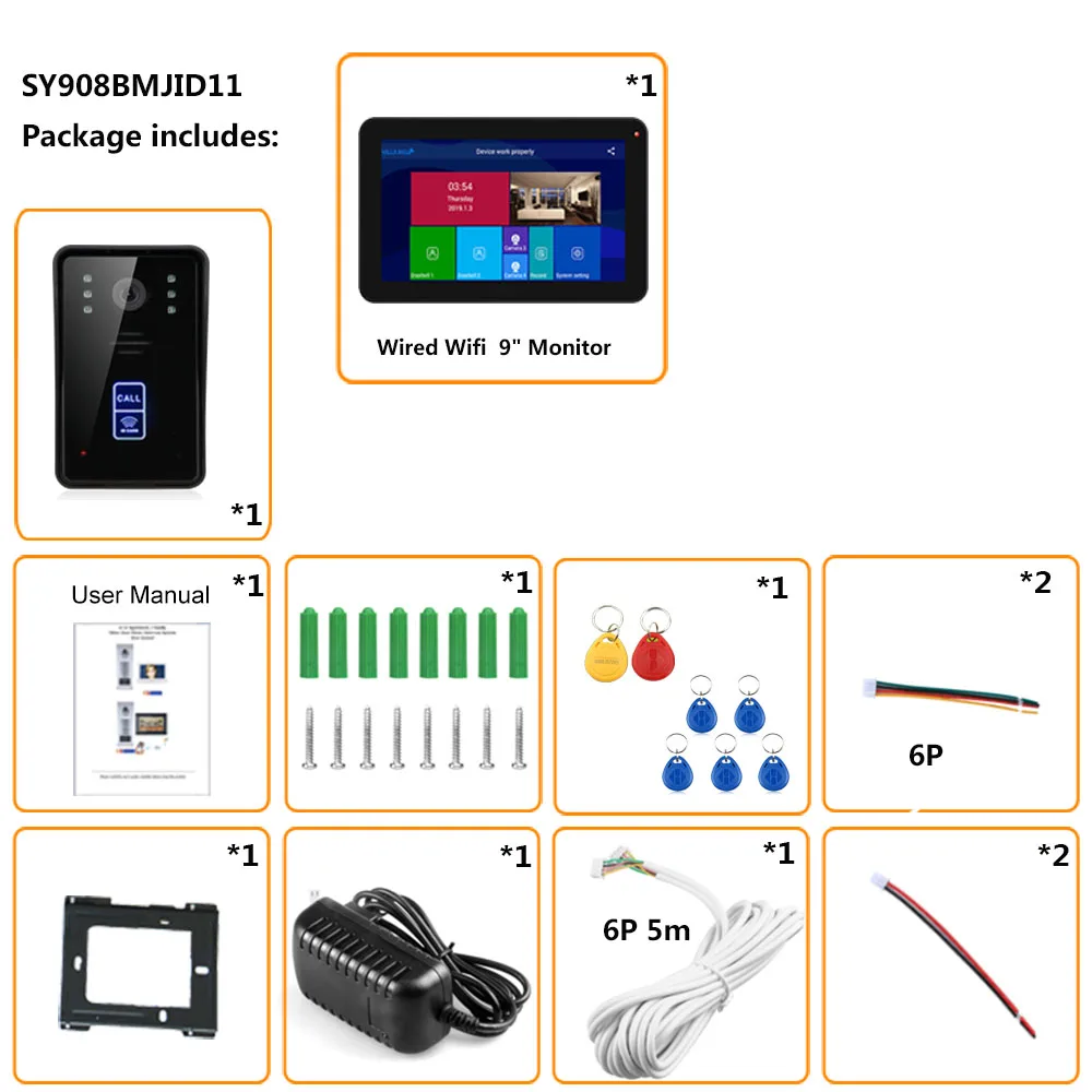 9 дюймов проводной Wifi RFID видео телефон двери дверной звонок Домофон Система с проводным IR-CUT 1080P Проводной ИК-камера Мобильное приложение разблокировка