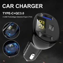 Car Charger 12-24V Triple USB Ports 2.4A/USB-C/QC3.0 Fast Charging Lighter Adapter with Digital Voltmeter Kit for Phones Tablets