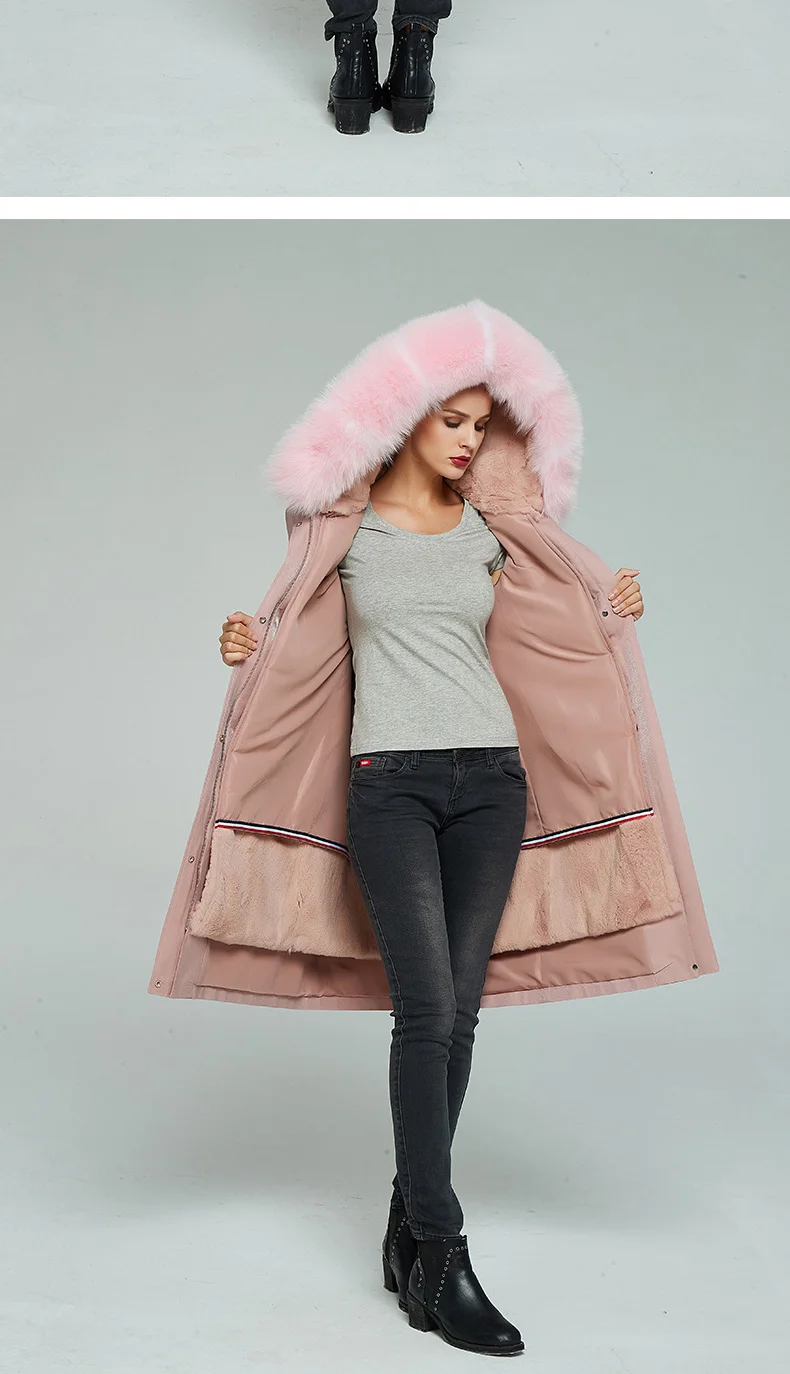 Tcyeek Winter Real Fur Coat Women Streetwear Long Rex Rabbit Fur Liner Jacket Natural Fox Fur Hooded Warm Coats Hiver 9301