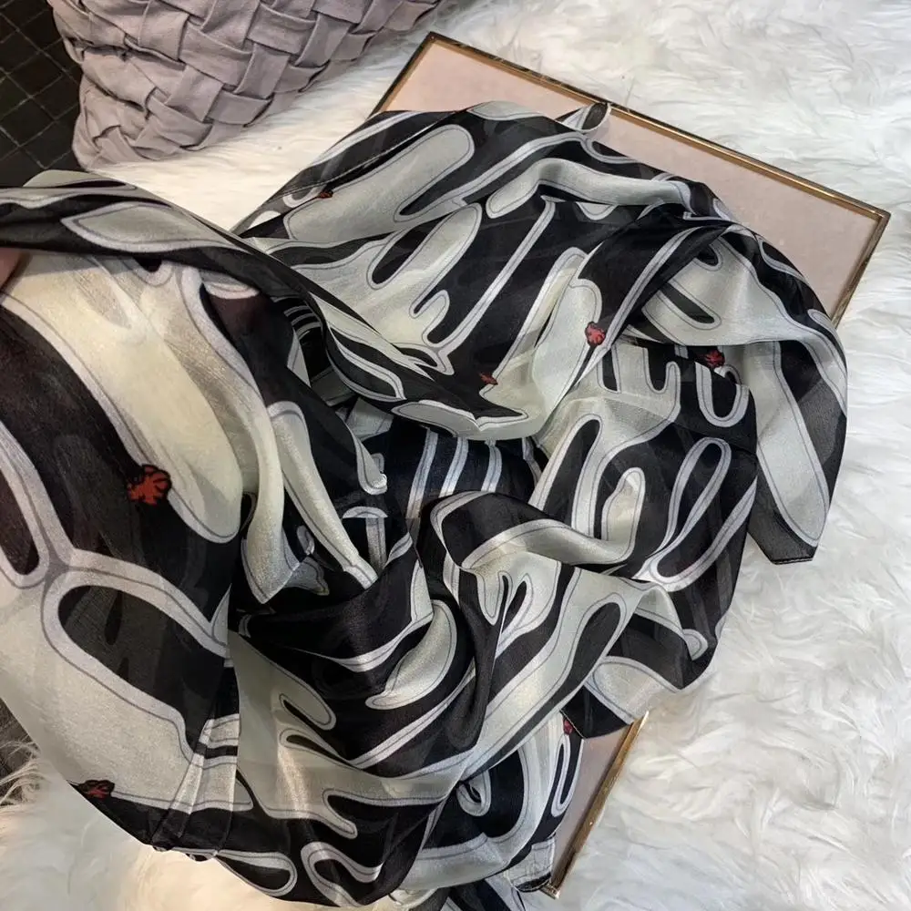 Женский шёлковый шарф черный белый золотистый длинный 100% x 180 см|brand silk scarf|fashion