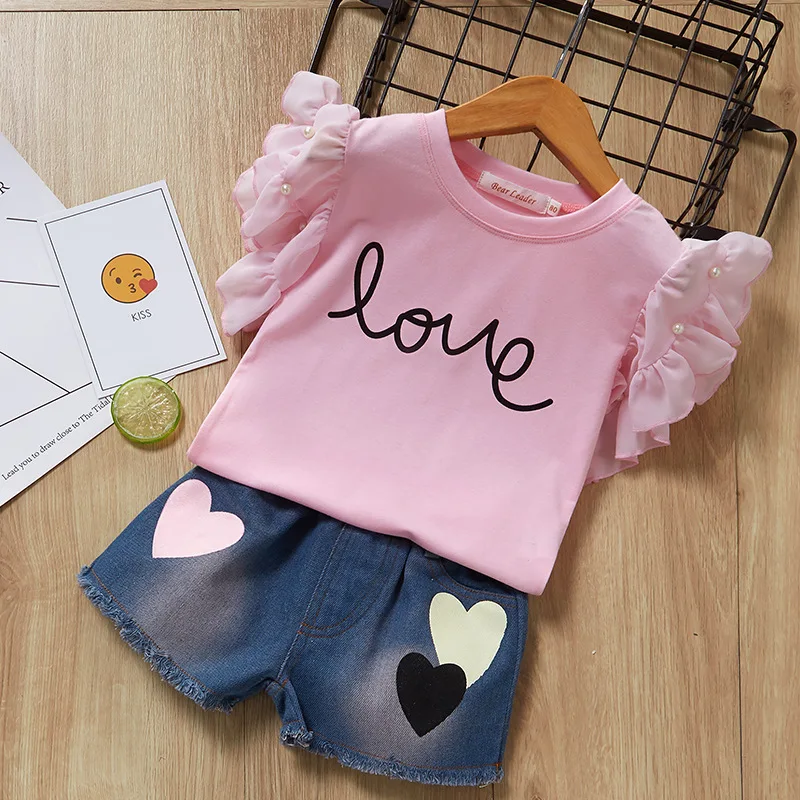 3-7T Kids Girls Sets Fashion 2pcs Outfit Clothes Suit Fly Sleeve Letter Top Heart Print Denim Shorts Set for Children Summer New | Детская