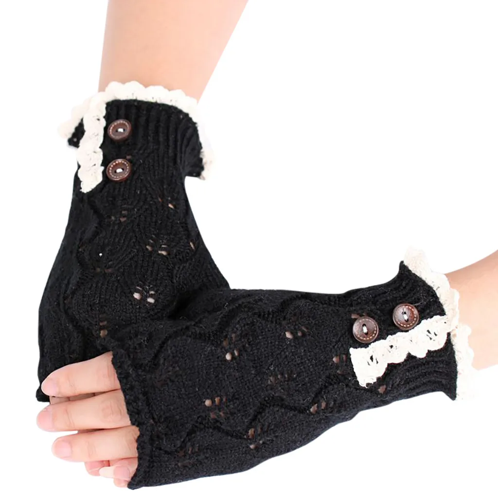 

Short Lace Gloves Fingerless Women Winter Knitted Button Hollow Out Leaf Lace Keep Warm Gloves Fashion#4