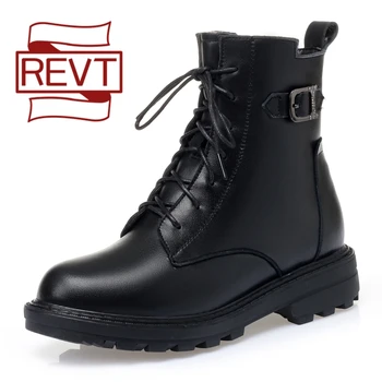

REVT Hot sale woman martin boots fall winter genuine leather ankle black flat 3cm every day work shoes boots large size 41 42 43
