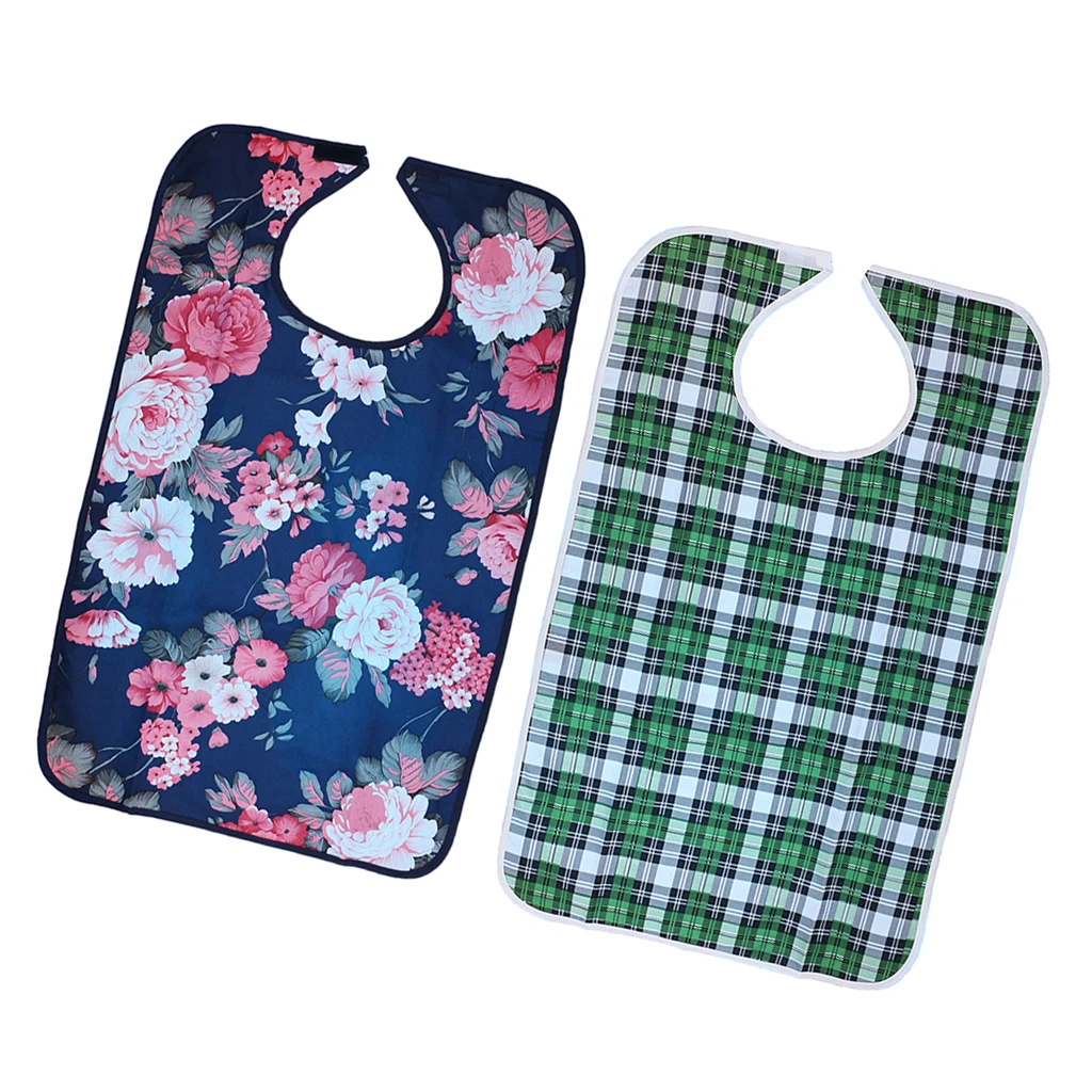 2 Pieces Adults Reusable Mealtime Bib Protector Disability Aid Aprons  Plaid Pattern