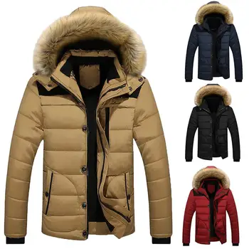 

Fashion Winter Down Jackets Men Patchwork Long Sleeve Button Zipper Coat Cotton Padded Hooded Down Jackets Cotton doudoune homme